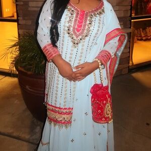 Elegant Light Blue and Hot Pink 3/4 Sleeve Sharara